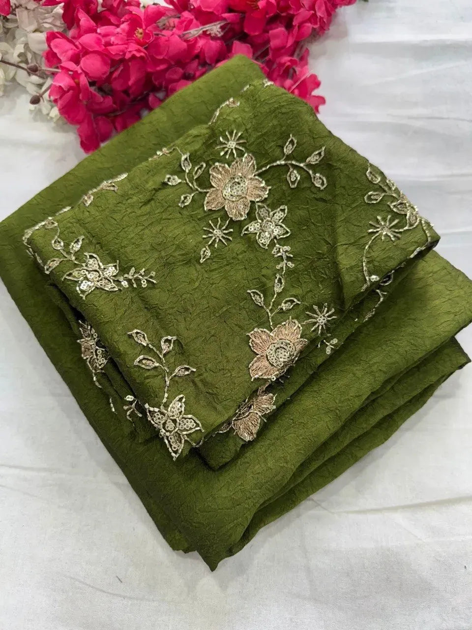 Olive green folded Rangoli crush saree with gold floral embroidery