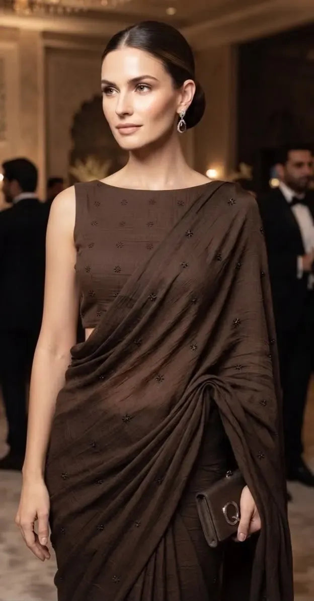 Close-up of model wearing dark brown sequence work saree