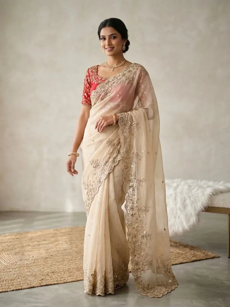 Model wearing beige rangoli silk saree with heavy embroidered red blouse