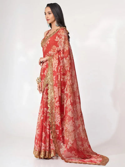 Exquisite Red Floral Saree - Designer Wedding Collection for Women