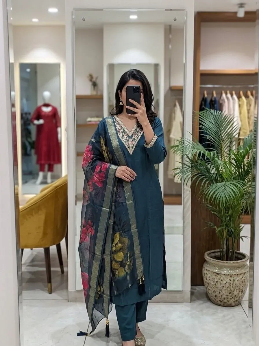 Teal Roman silk kurti with embroidery and floral dupatta on model