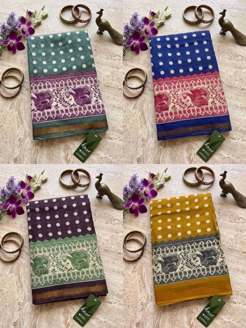 Flat lay view showing four color variants of the peacock patterned saree