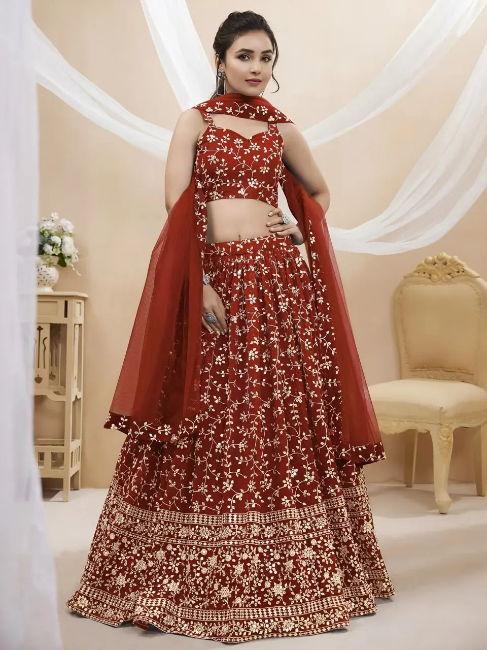 Exquisite Rust Red Lehenga - Heavy Zari & Sequins Wedding Wear in Rust Red