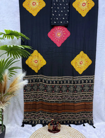 Exquisite Satin Crepe Saree - Trending Ajrakh Print with Mirror Work for Wedding Season