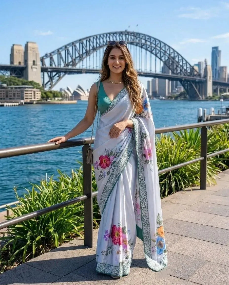 Model wearing white satin silk floral print saree with green blouse near Sydney Harbour Bridge