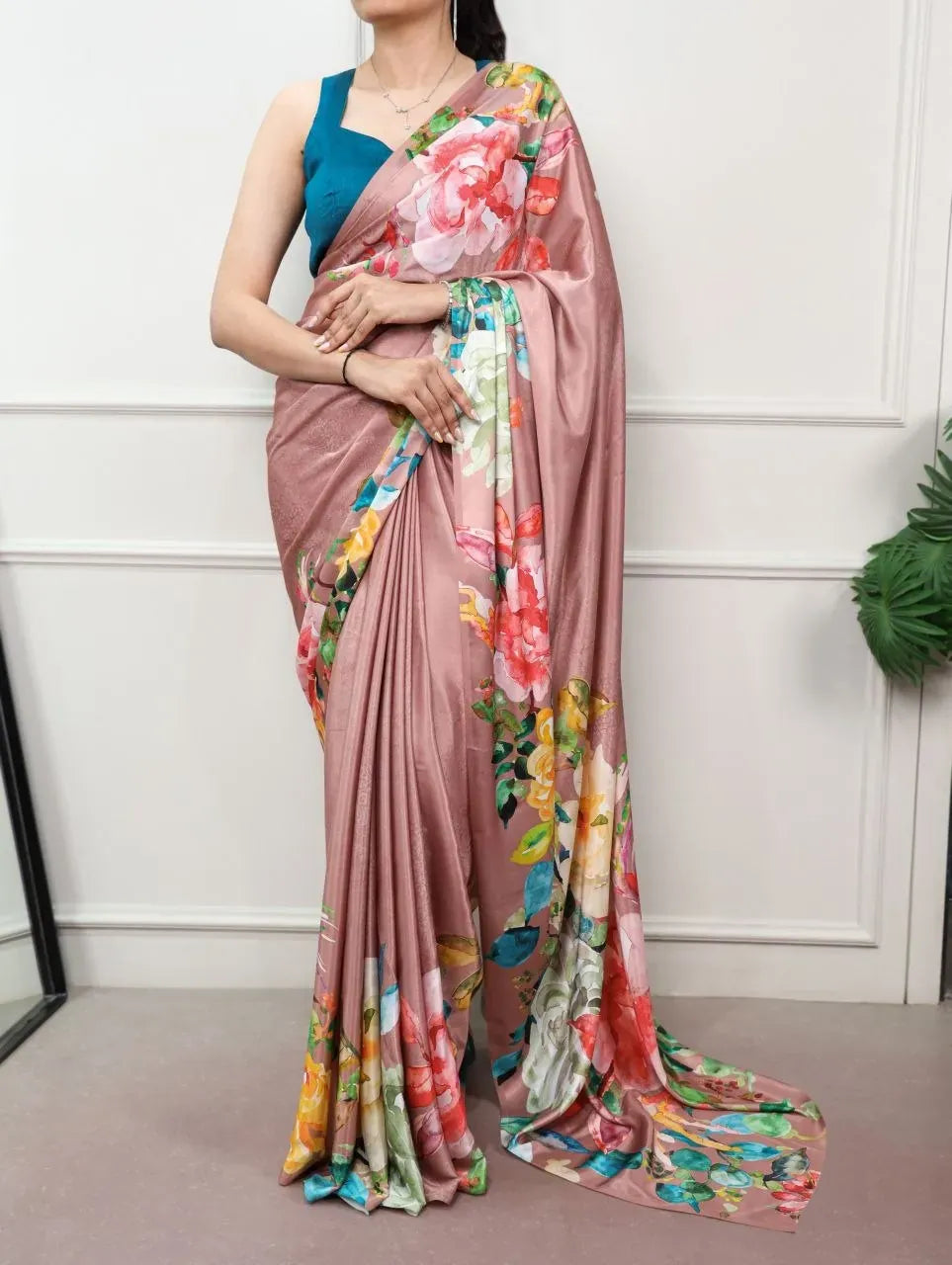 Rosy brown satin silk saree with vibrant floral print on model