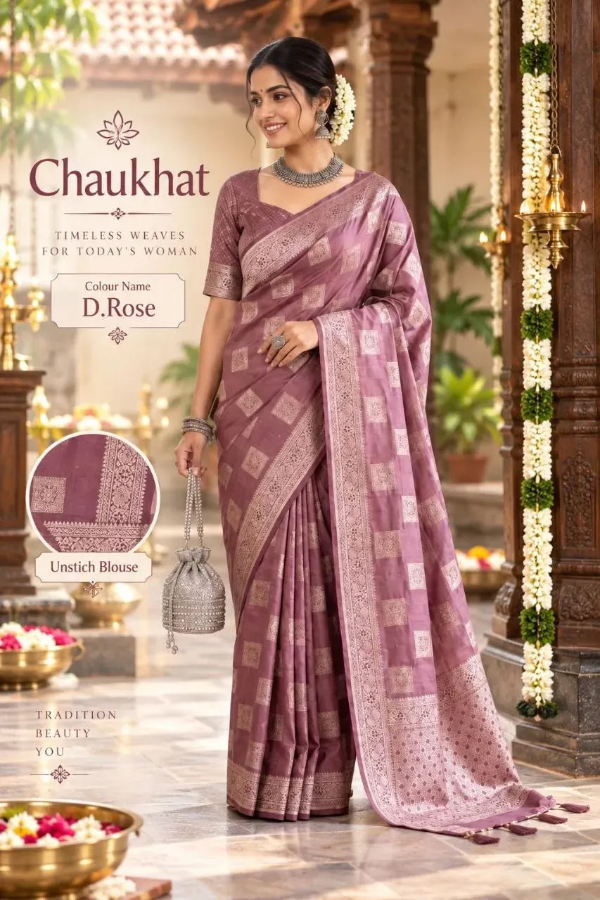Model wearing dark rose satin silk saree with scalloped border