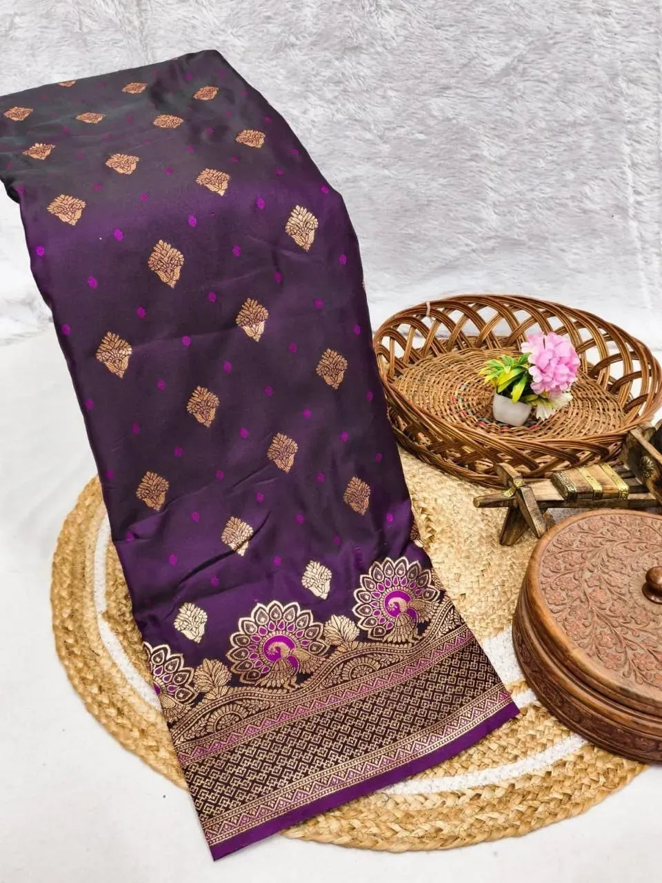 Purple satin silk banarasi saree with copper zari meenakari motifs
