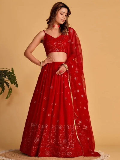 Exquisite Scarlet Red Floral Sequin Lehenga - Designer Festive Wear for Women