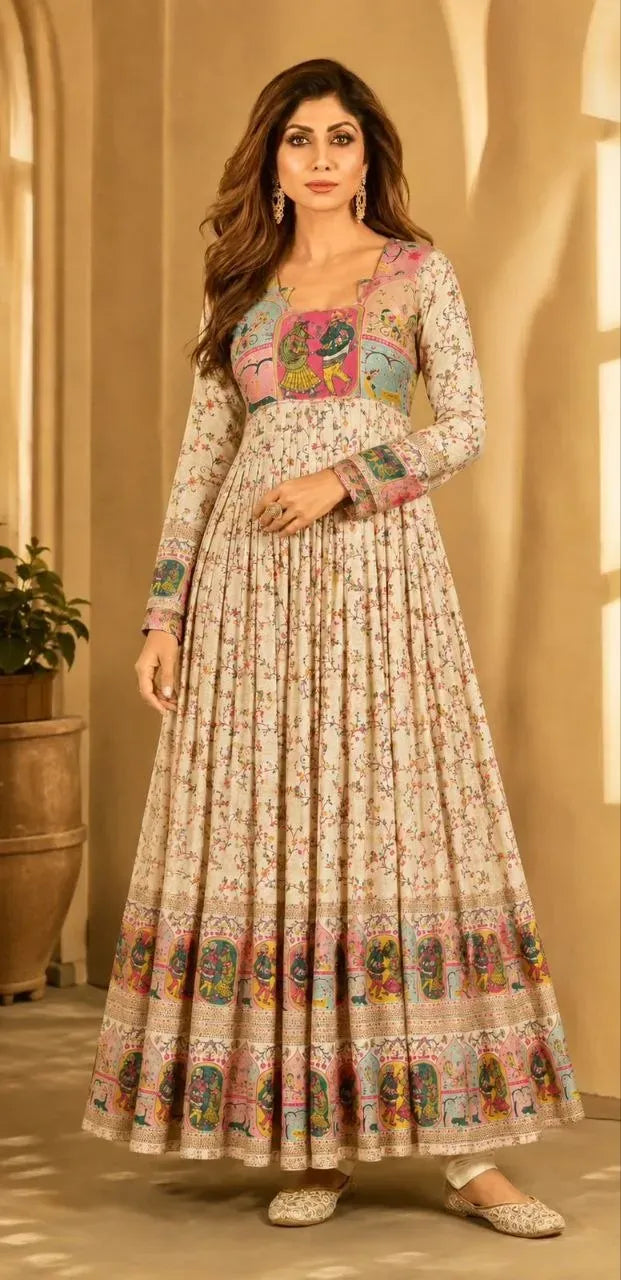 Front facing model wearing the elegant beige silk jacquard gown