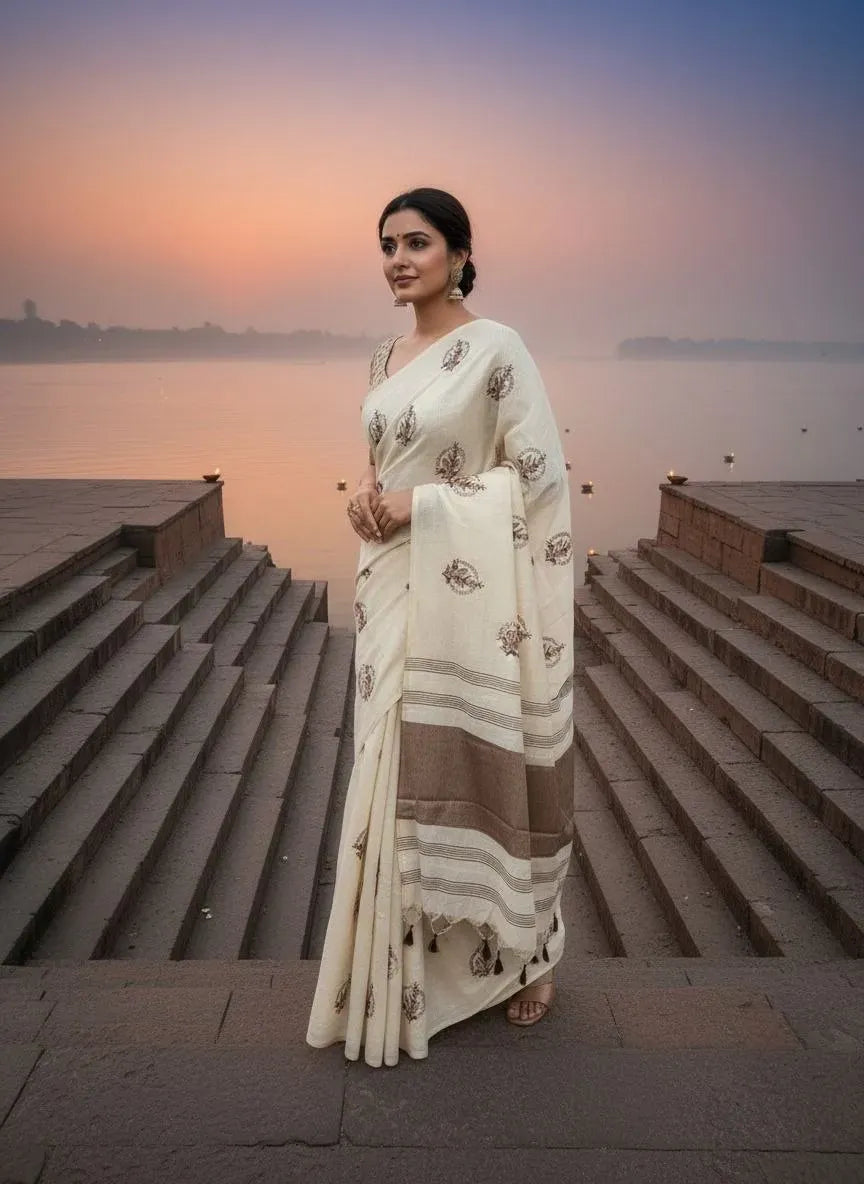 Traditional portrait of woman wearing cream embroidered silk saree by water steps