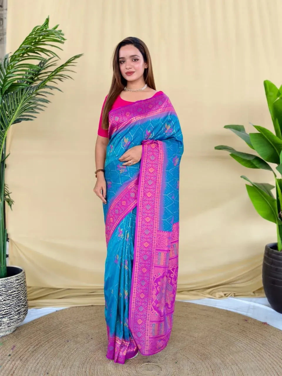 Model standing in blue silk saree with pink border and smooth drape