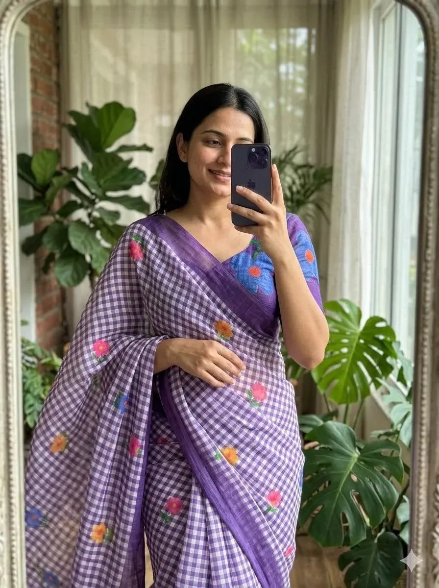 Model wearing purple checkered soft linen saree with floral print in mirror selfie