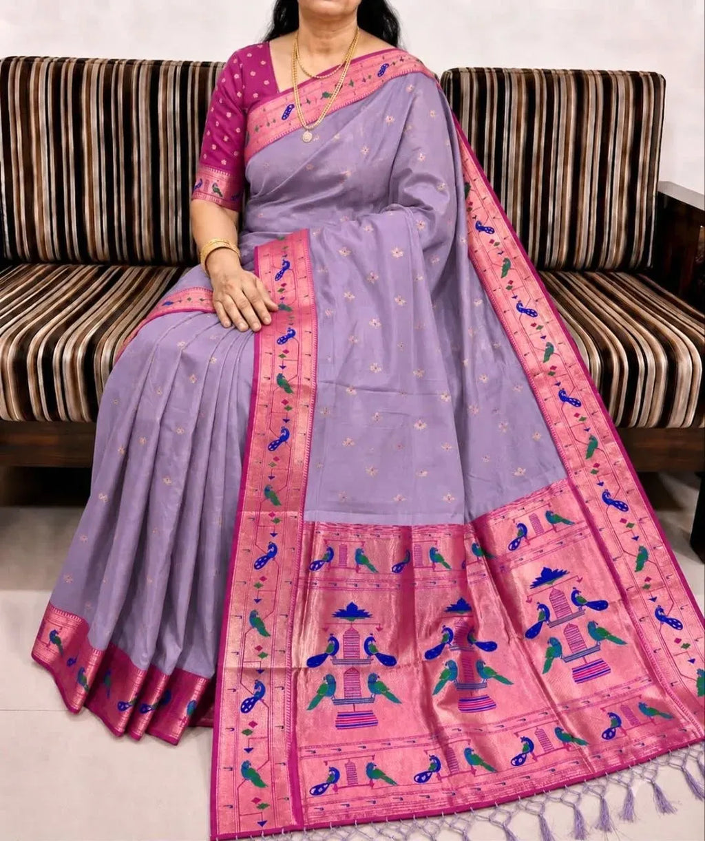 Lavender soft organza silk saree with pink paithani border on model