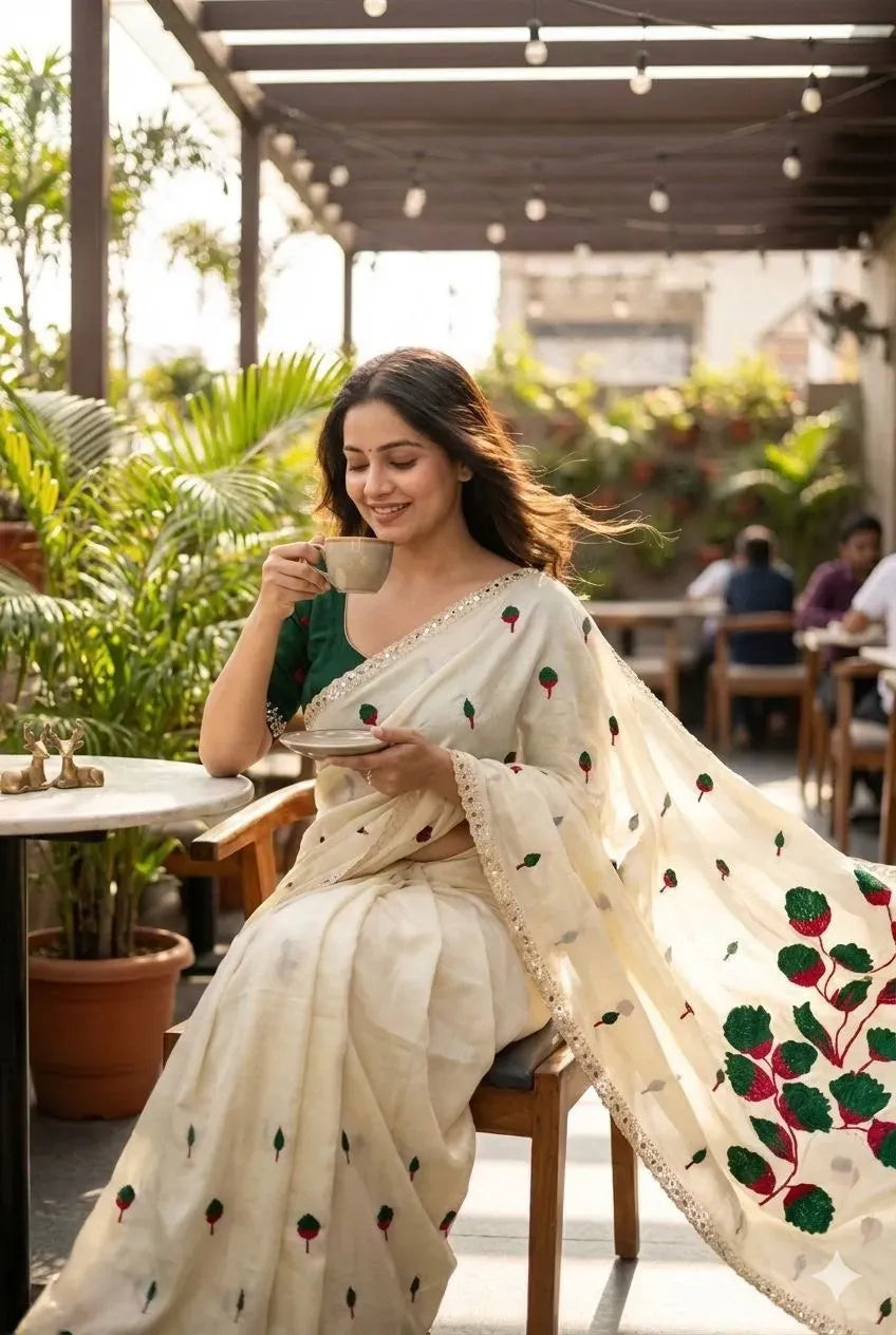 Woman sitting on chair drinking tea wearing embroidered rangoli silk saree