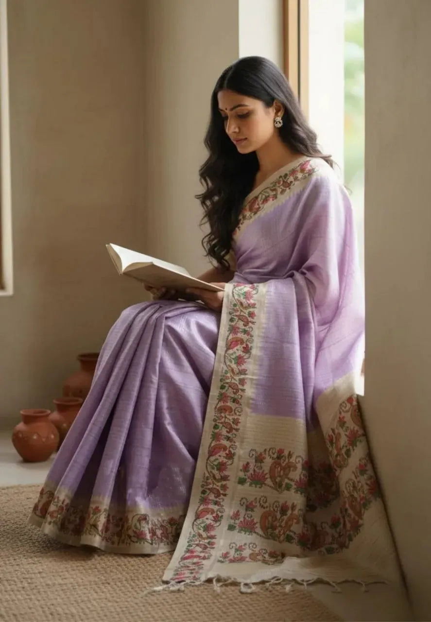 Model sitting while wearing lavender soft tussar silk saree and reading a book