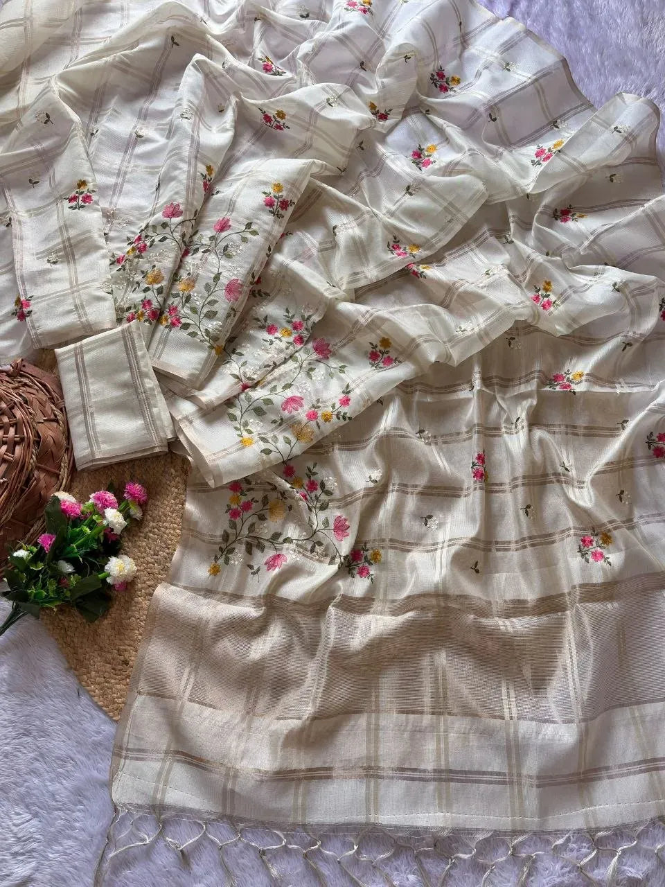 White soft tusser silk saree with zari chex and pink floral embroidery flat lay