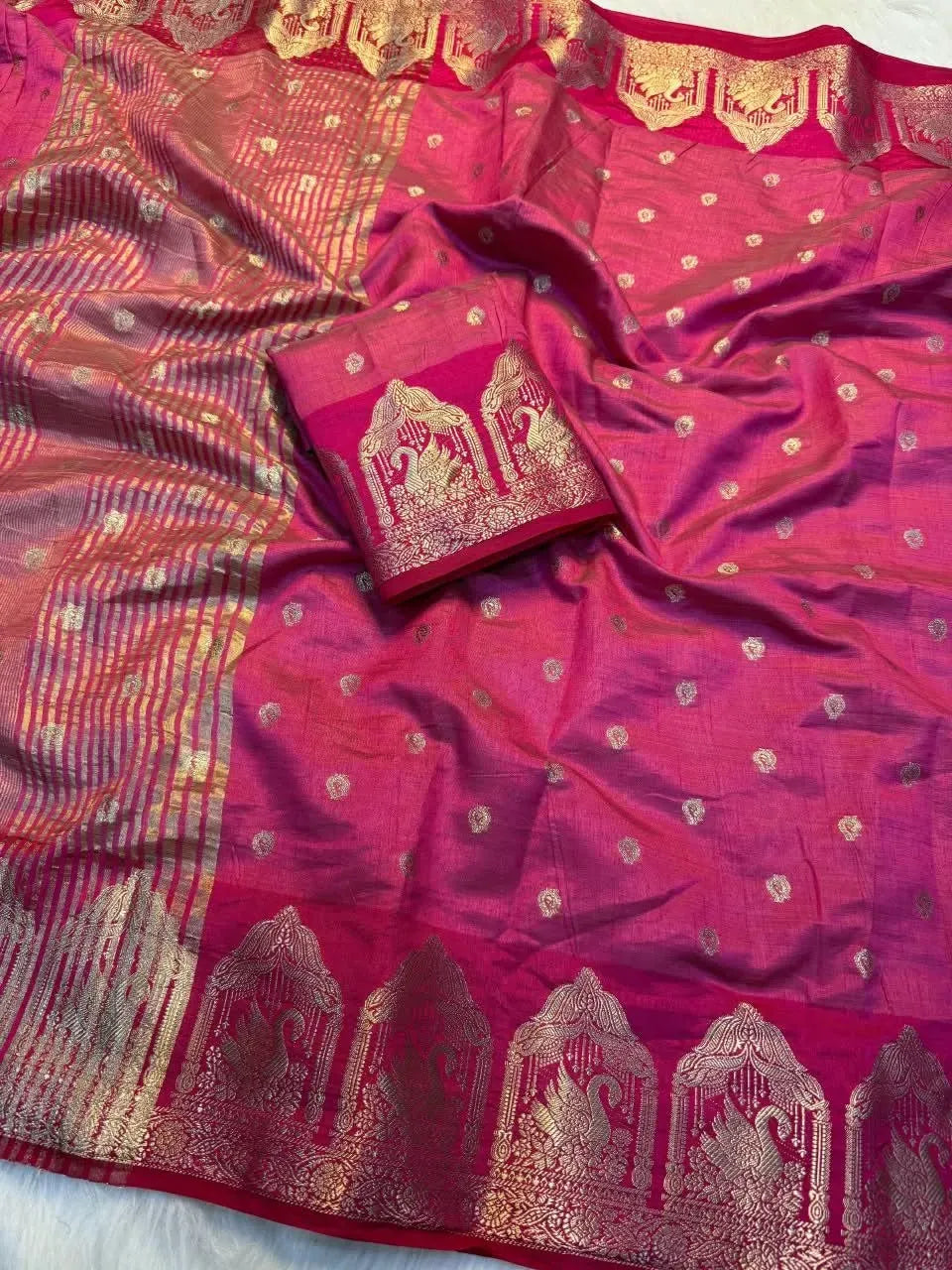 Pink soft tusser silk saree with intricate gold pallu and running blouse