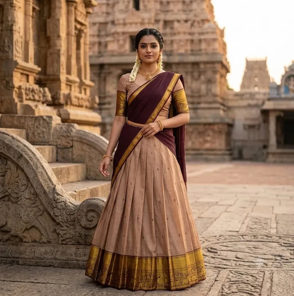 Model standing in temple courtyard wearing beige and brown Kanci cotton silk lehenga set