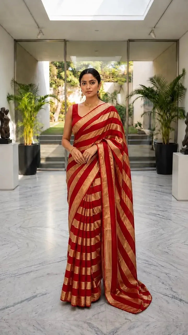 Red space satin saree with gold stripes on model