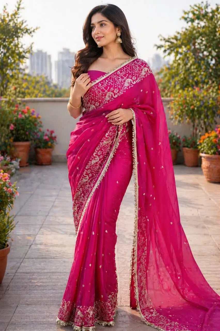 Full body view of model in magenta pink star georgette saree outdoors