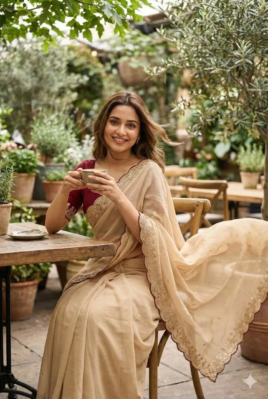 Smiling model wearing beige georgette saree with contrasting blouse holding a cup