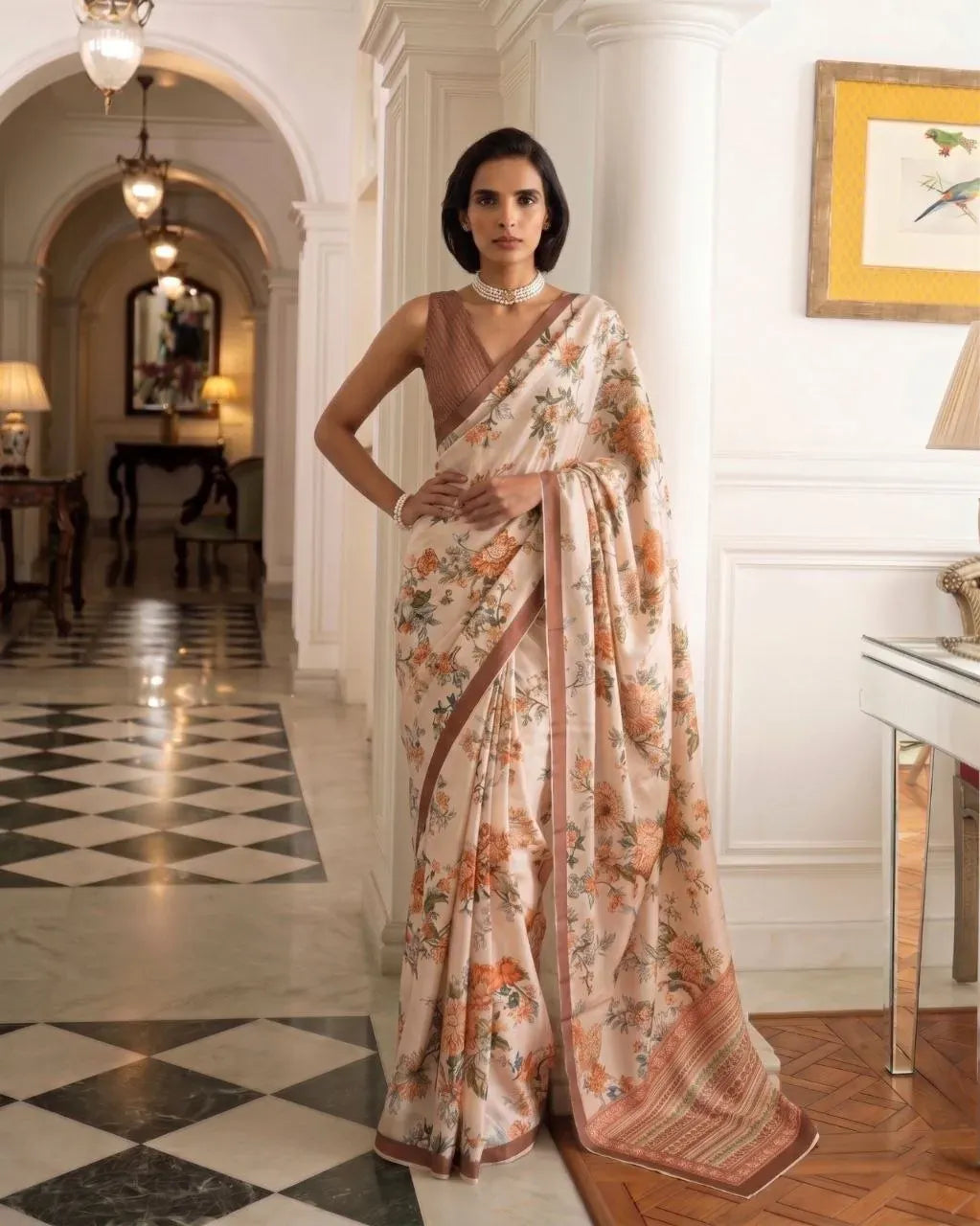 Full body front view of model in an olive green themed tasar silk saree