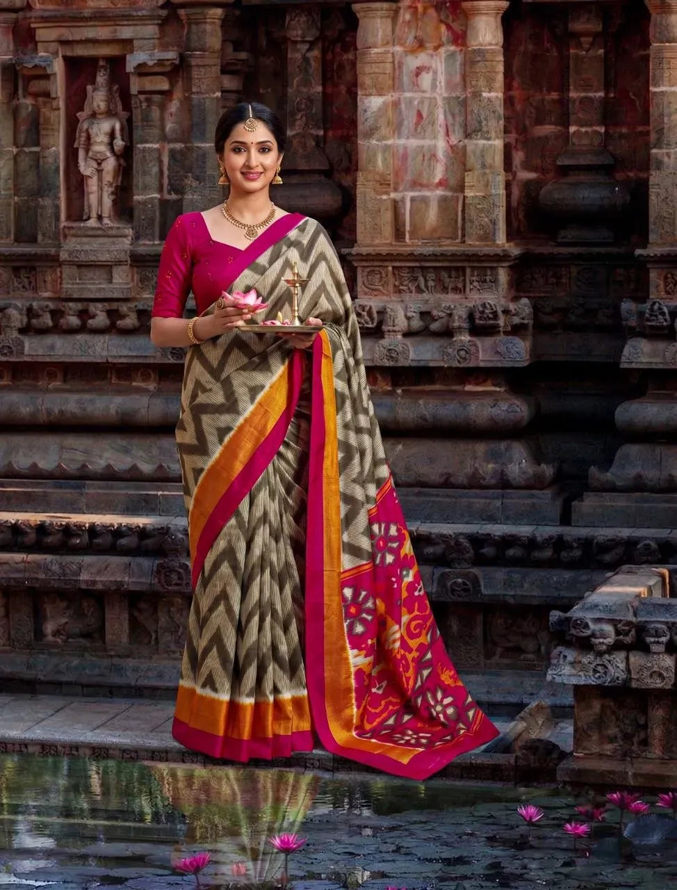 Full standing view of model in grey and pink zigzag printed saree