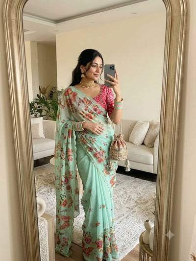 Exquisite Teby Silk Saree - Handcrafted Floral Design for Festive Wear