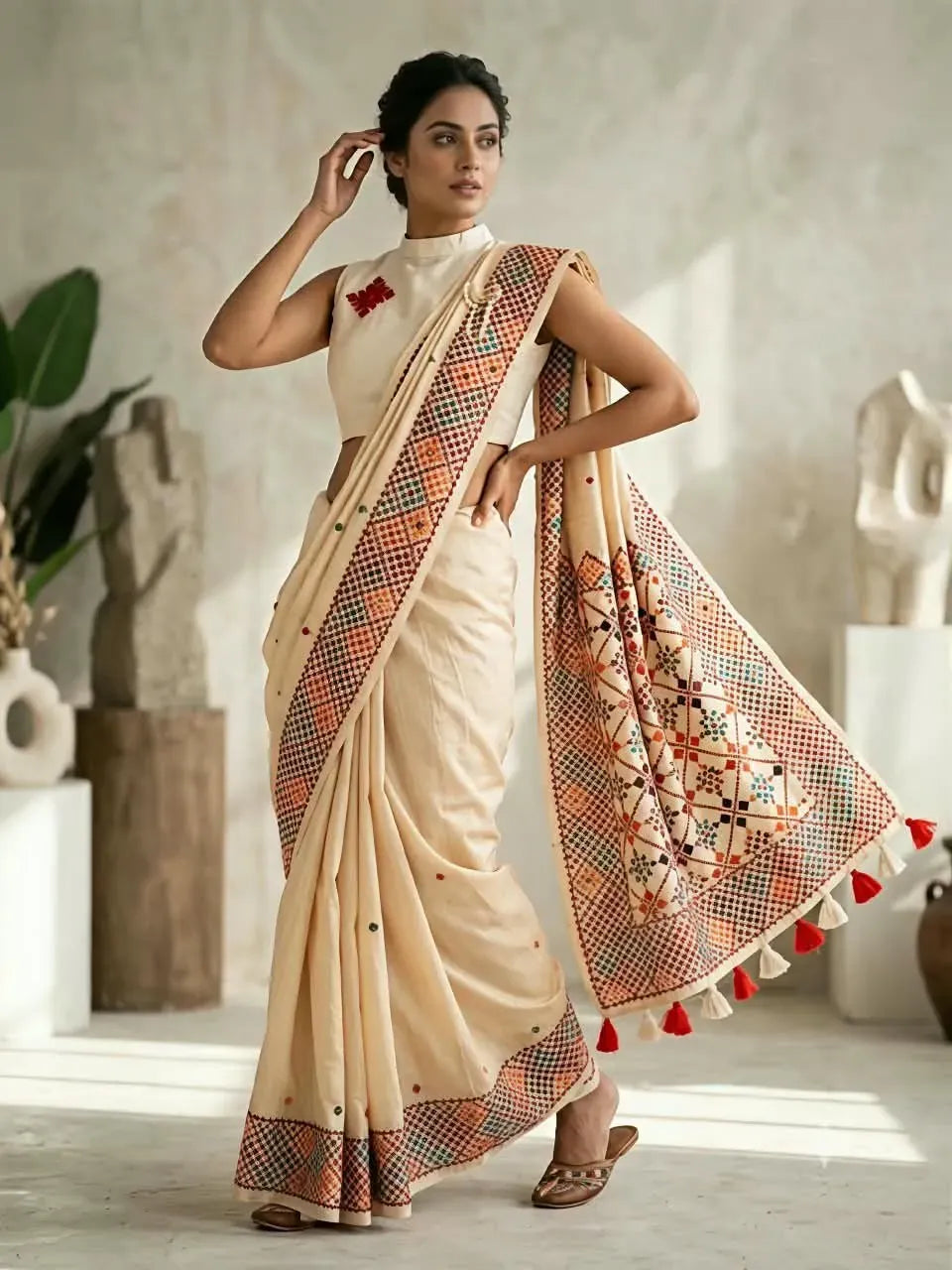 Model wearing cream handloom tussar silk saree with decorative border