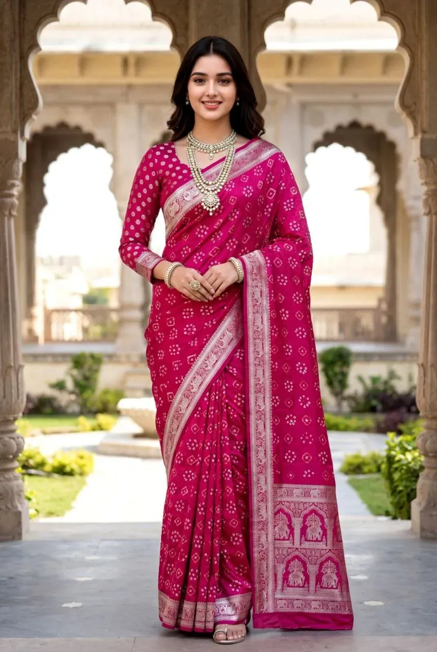 Model wearing pink viscose chinnon saree with silver zari border