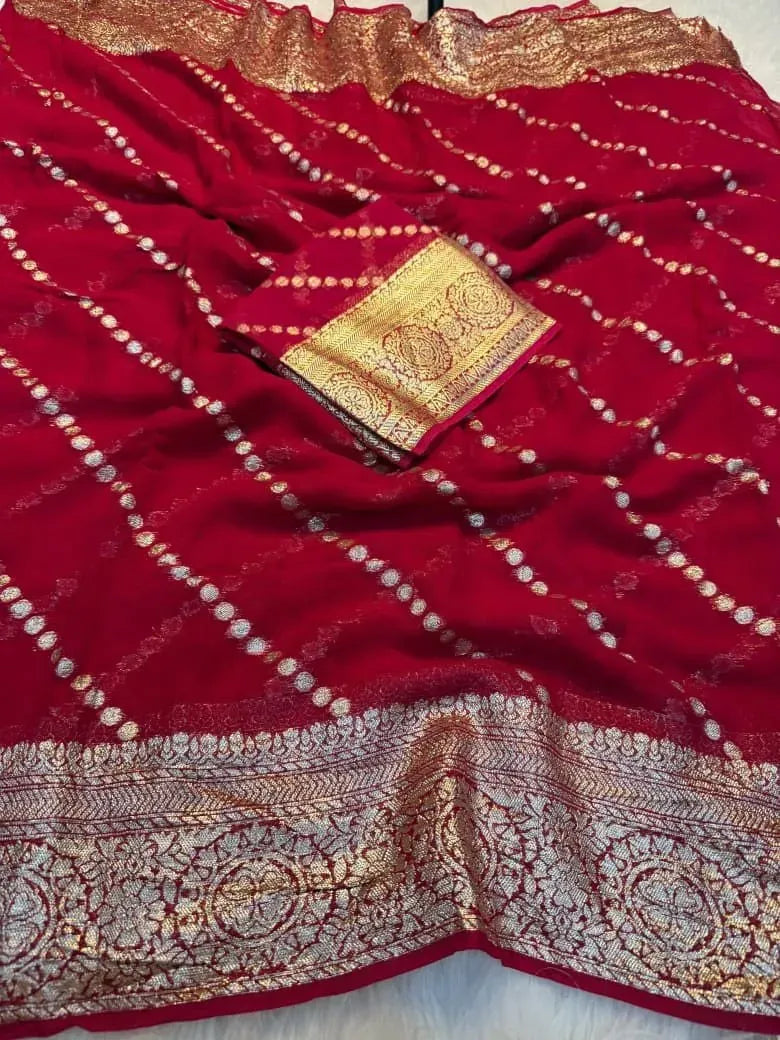 Red viscose georgette saree with gold zari border