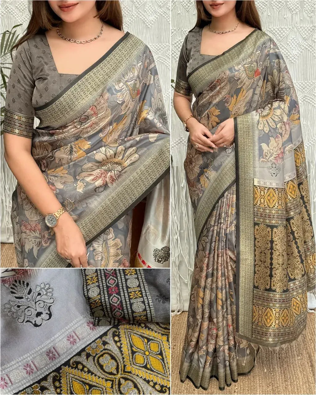Model wearing grey viscose silk saree with zari border and blouse