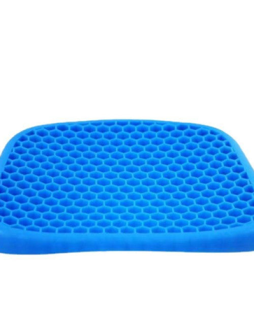 Extra large blue gel seat cushion with breathable honeycomb design, perfect for office chairs or car seats.