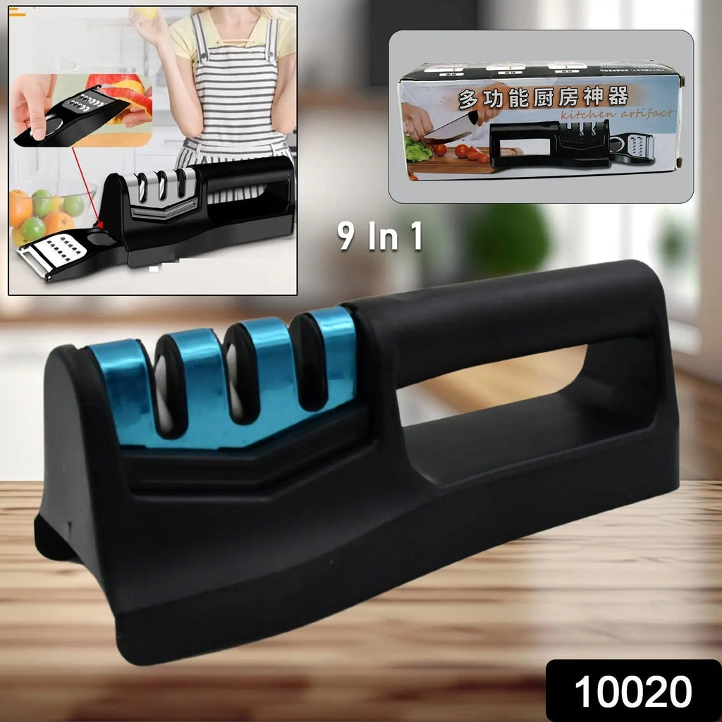 Handheld 9-in-1 knife sharpener with integrated vegetable chopper & fish scale remover for kitchen, pocket & serrated knives.