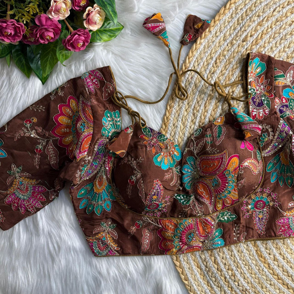 TRENDBUY Heavy Embroidered Pure Crepe Blouse in Brown, perfect for festive party wear.