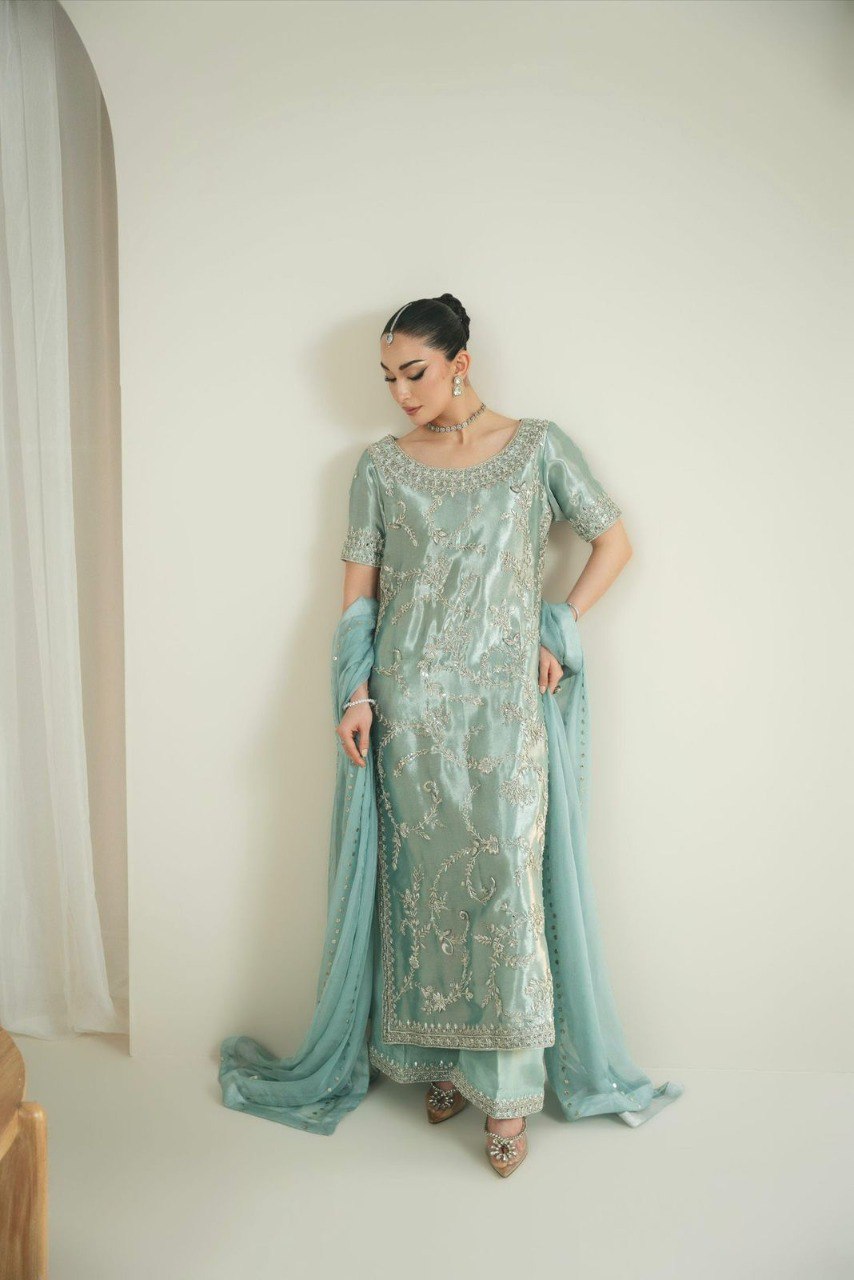 Model in Aqua Blue Fancy Embroidered Plazzo Suit with Dupatta - Front View.