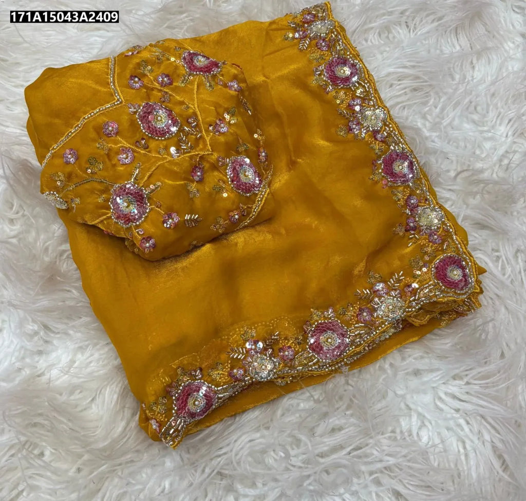 TRENDBUY Yellow Soft Silk Blend Sequins Saree with Handwork and Designer Blouse Flat Lay