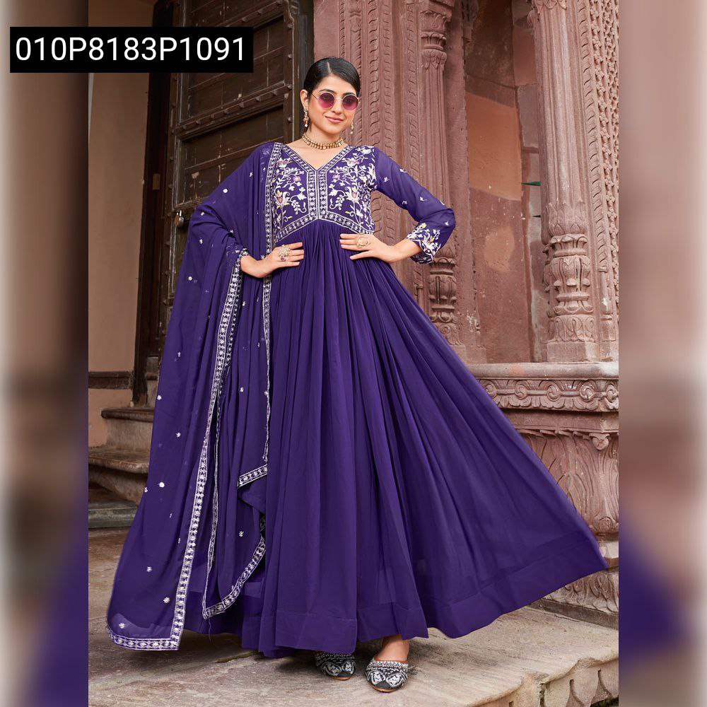 Full-body shot of a woman striking a pose in a flowing purple Faux Blooming Designer Gown with detailed embroidery.