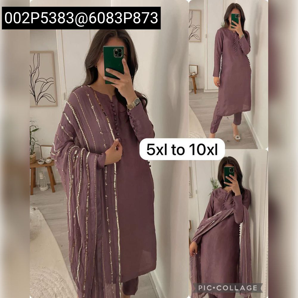 Collage: Model wearing Lavender Faux Georgette Pant Suit with Sequence Dupatta (full & close-up)