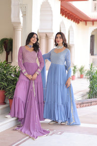 Faux Georgette Tiered Anarkali Gown with Dupatta Women's | Festive & Party Wear