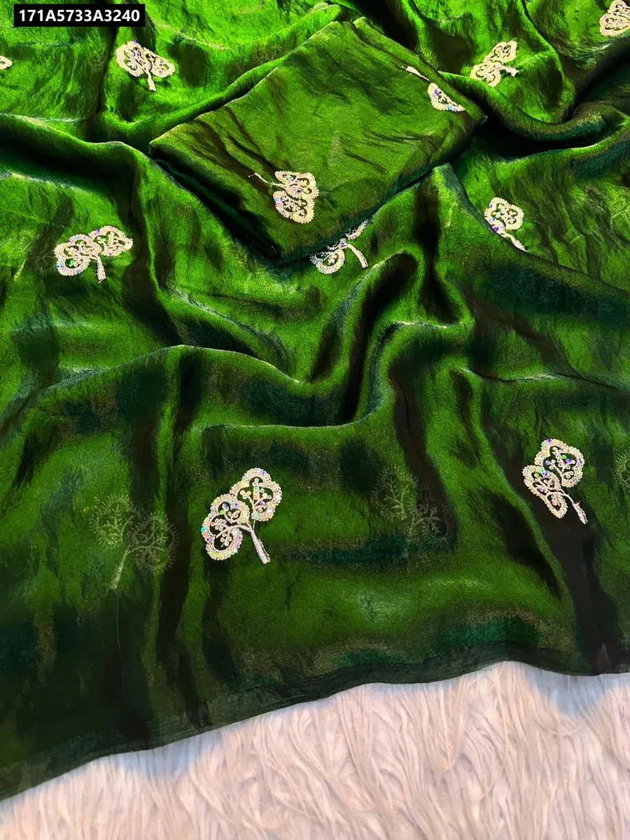 Fendi Satin Dual Shaded Saree in Emerald Green with Zari Sequence Work