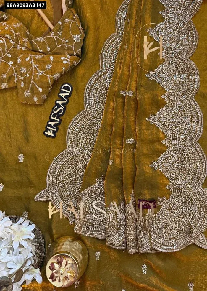 Mustard Green Fendy Chiffon Saree with Sequence Embroidery and Blouse by TRENDBUY