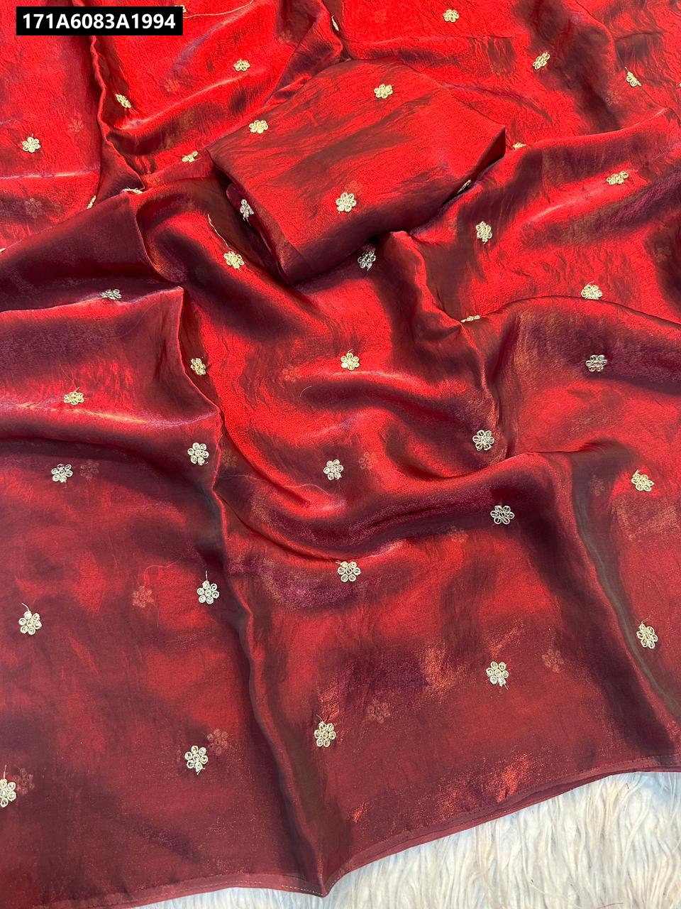 TRENDBUY Fendy Satin Dual Shaded Saree in Maroon with Zari and Sequence Work