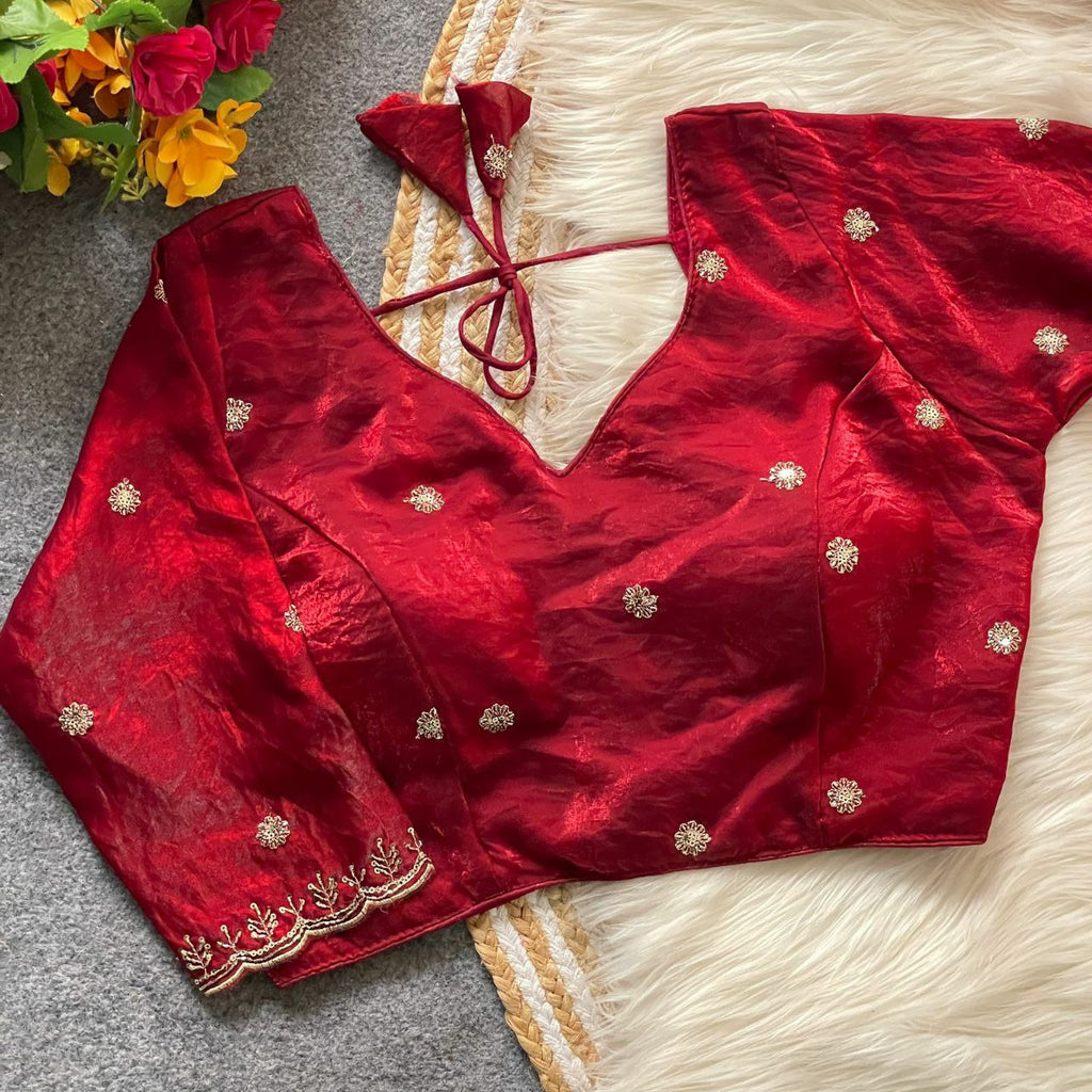 TRENDBUY Red Fendy Silk Embroidered Blouse with handwork and latkans