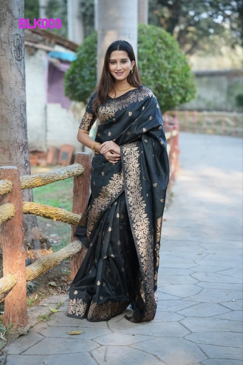 TRENDBUY Black Mix Silk Pashmina Saree BLK003 worn by a model, showcasing an exquisite gold floral zari border and design.