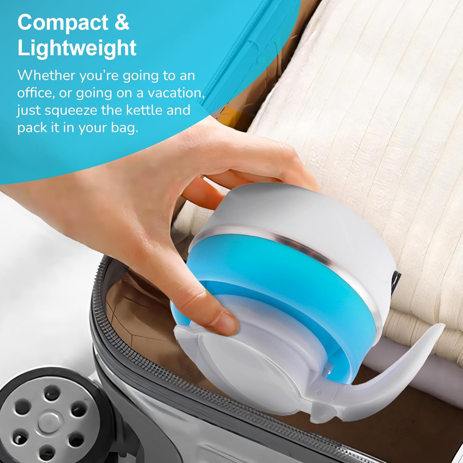 Collapsible kettle being squeezed into a bag with text about its compact and lightweight nature.