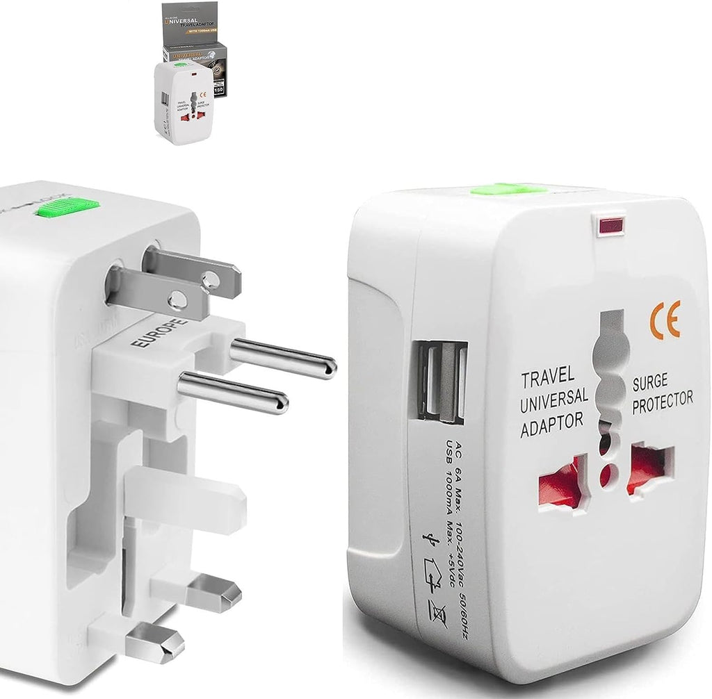 White USB universal travel adapter with multi-country plugs & USB ports.