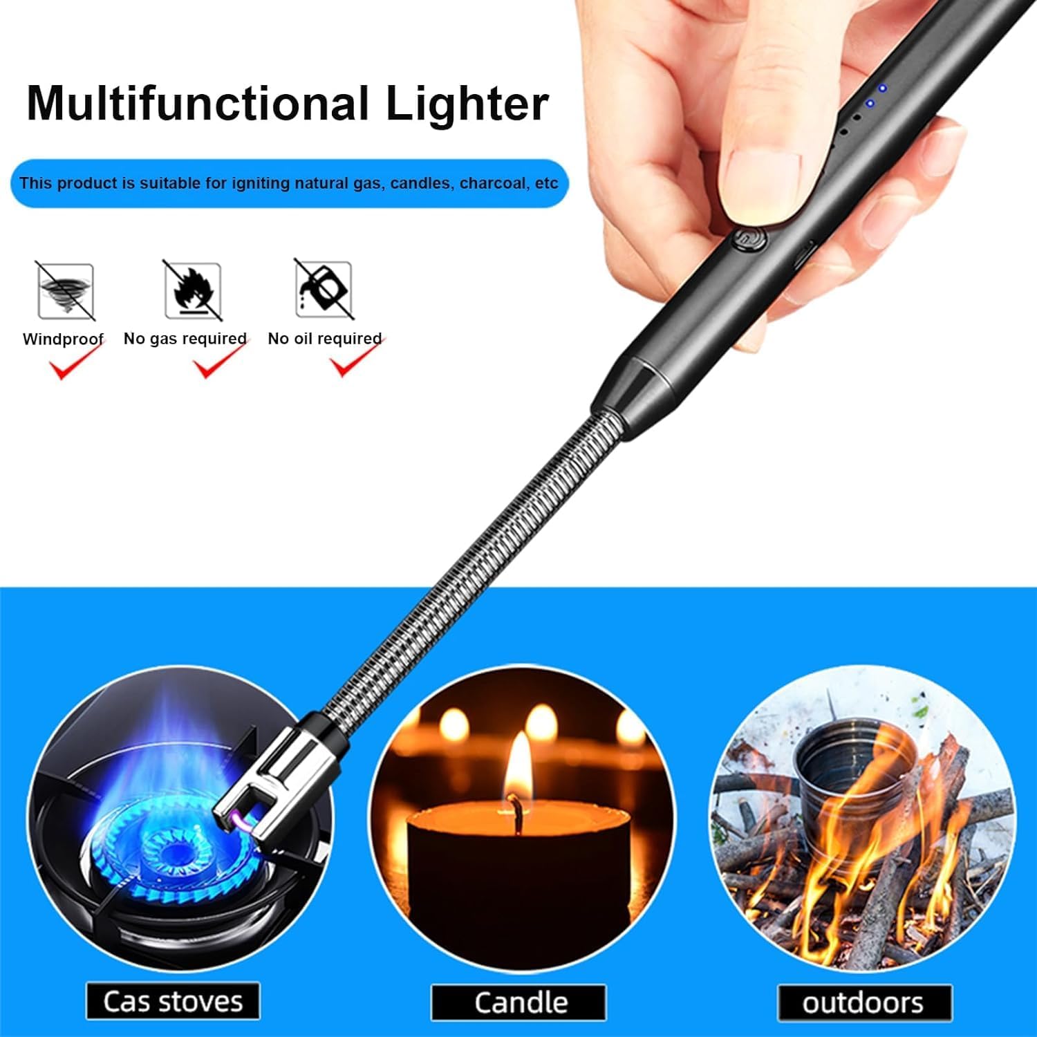 Multifunctional lighter being held with uses for gas stoves, candles, and outdoors shown.