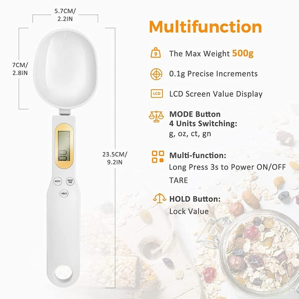 Digital measuring spoon with specifications on a white background
